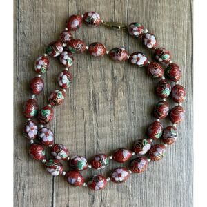 Vintage Chinese Cloisonné Hand Tied Red Enamel‎ Gold Beaded Floral 24" Necklace